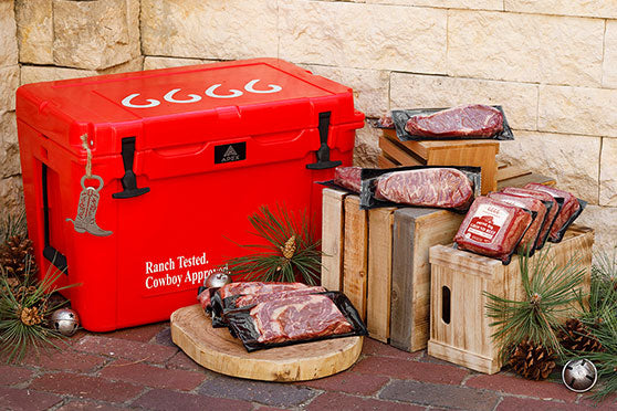 red cooler with selection of premium beef