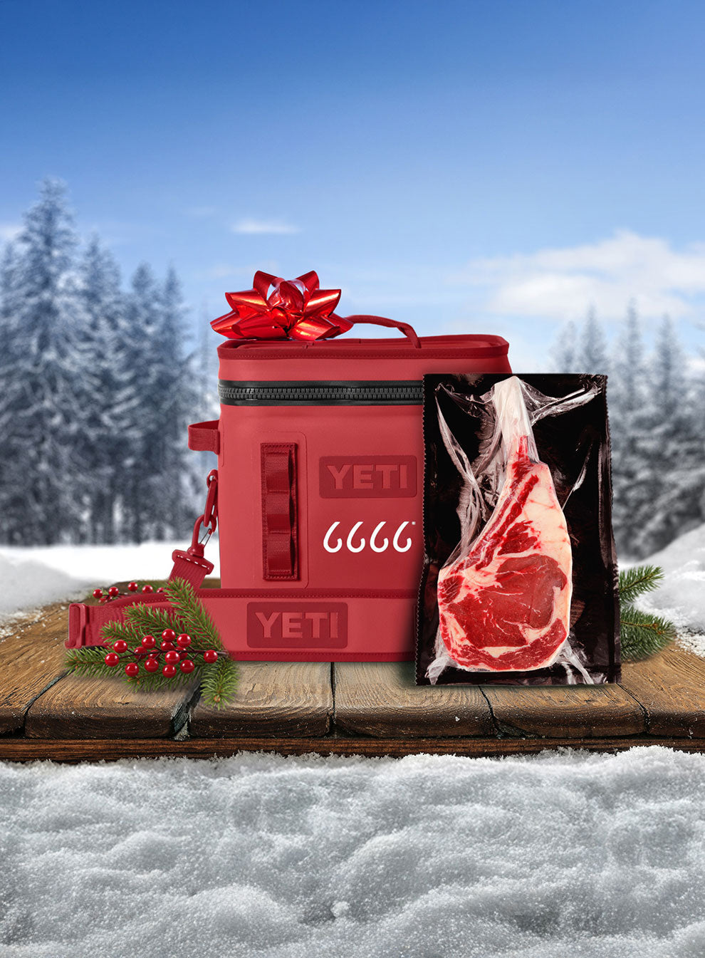 Red YETI Hopper Flip® Soft Cooler with tomahawk steak in packaging